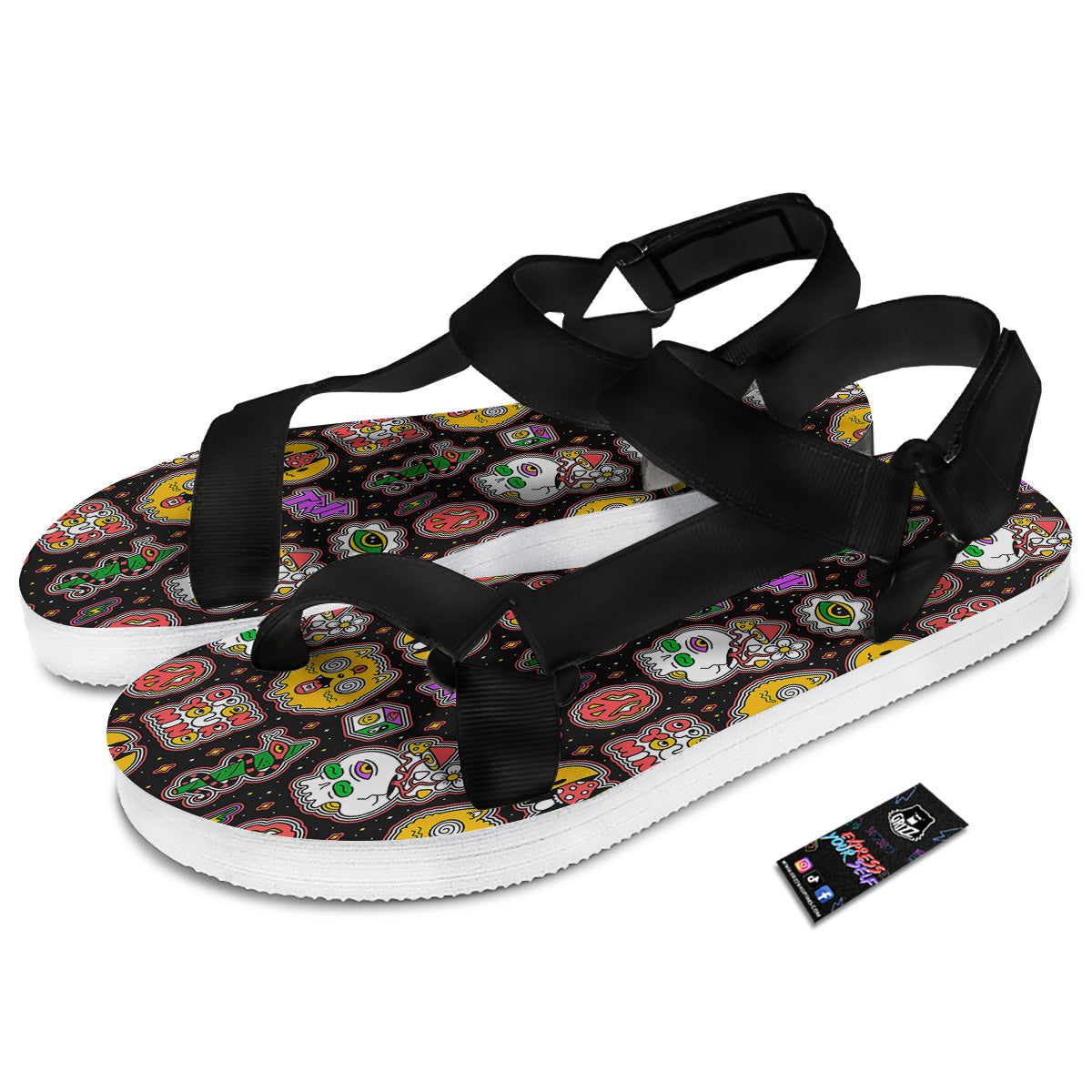 Psychedelic Funny Crazy Colorful Print Pattern Black Open Toe Sandals-grizzshop