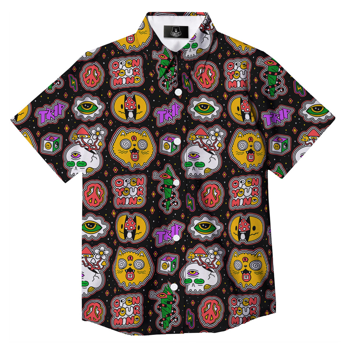 Psychedelic Funny Crazy Colorful Print Pattern Button Up Shirt-grizzshop