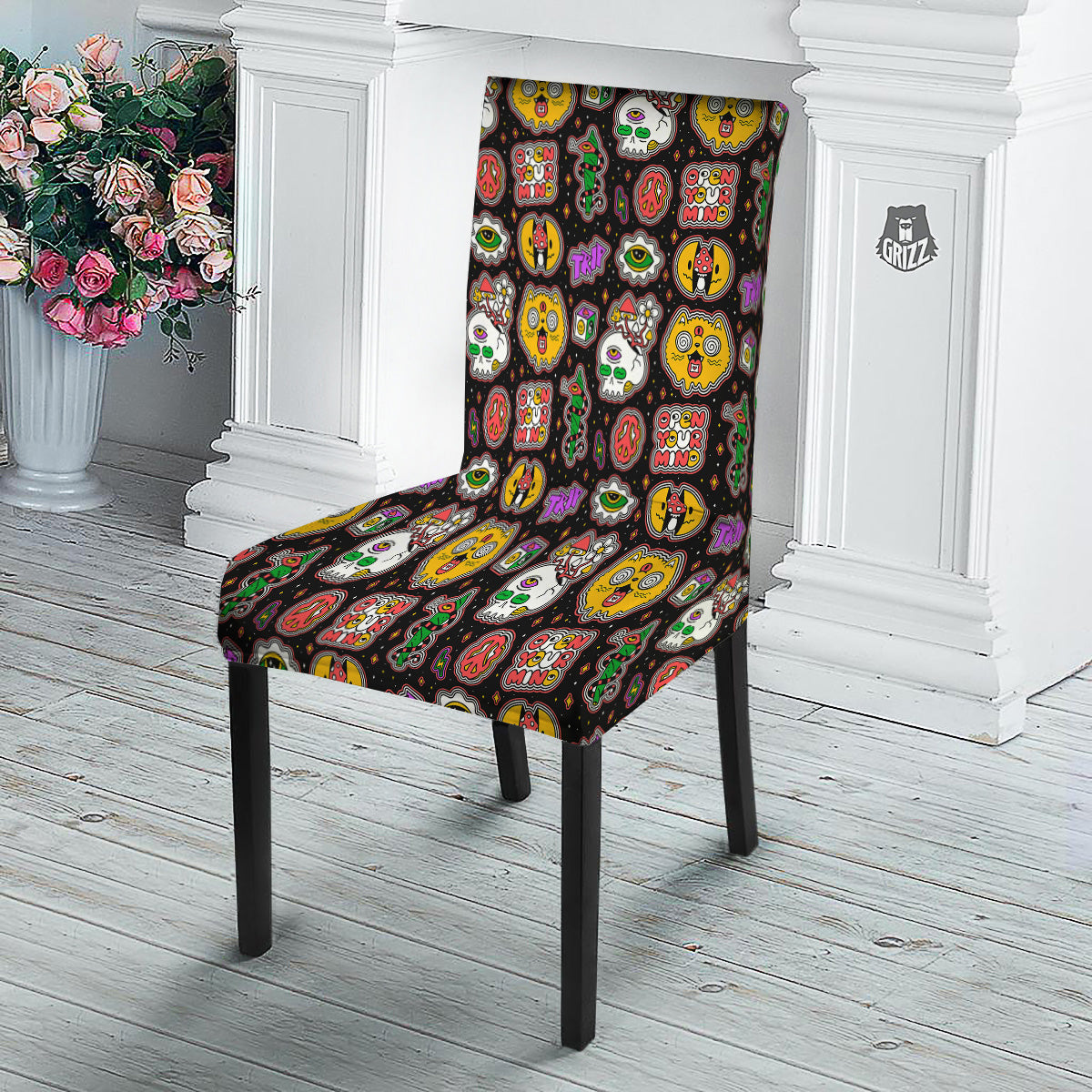 Psychedelic Funny Crazy Colorful Print Pattern Dining Chair Slipcover-grizzshop