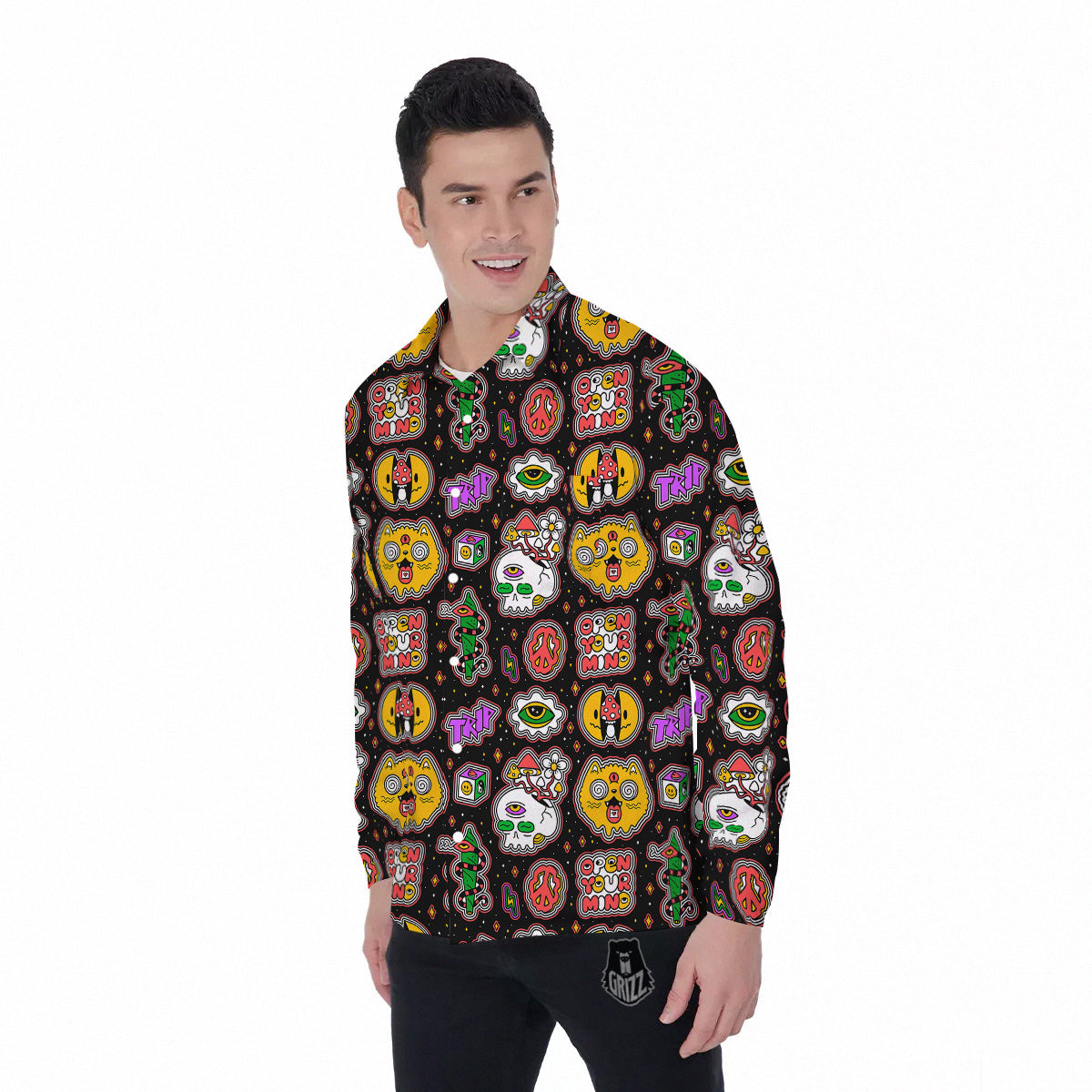 Psychedelic Funny Crazy Colorful Print Pattern Men's Long Sleeve Shirts-grizzshop