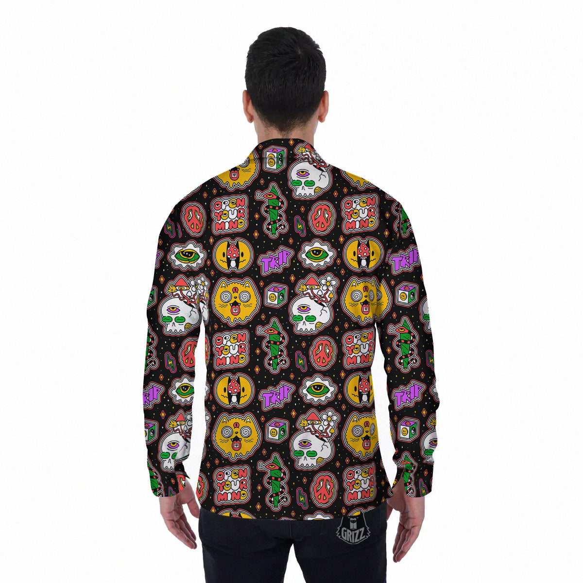 Psychedelic Funny Crazy Colorful Print Pattern Men's Long Sleeve Shirts-grizzshop