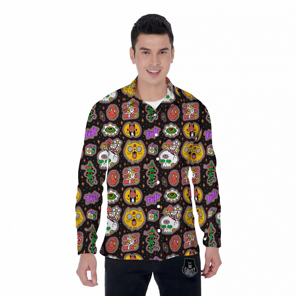 Psychedelic Funny Crazy Colorful Print Pattern Men's Long Sleeve Shirts-grizzshop