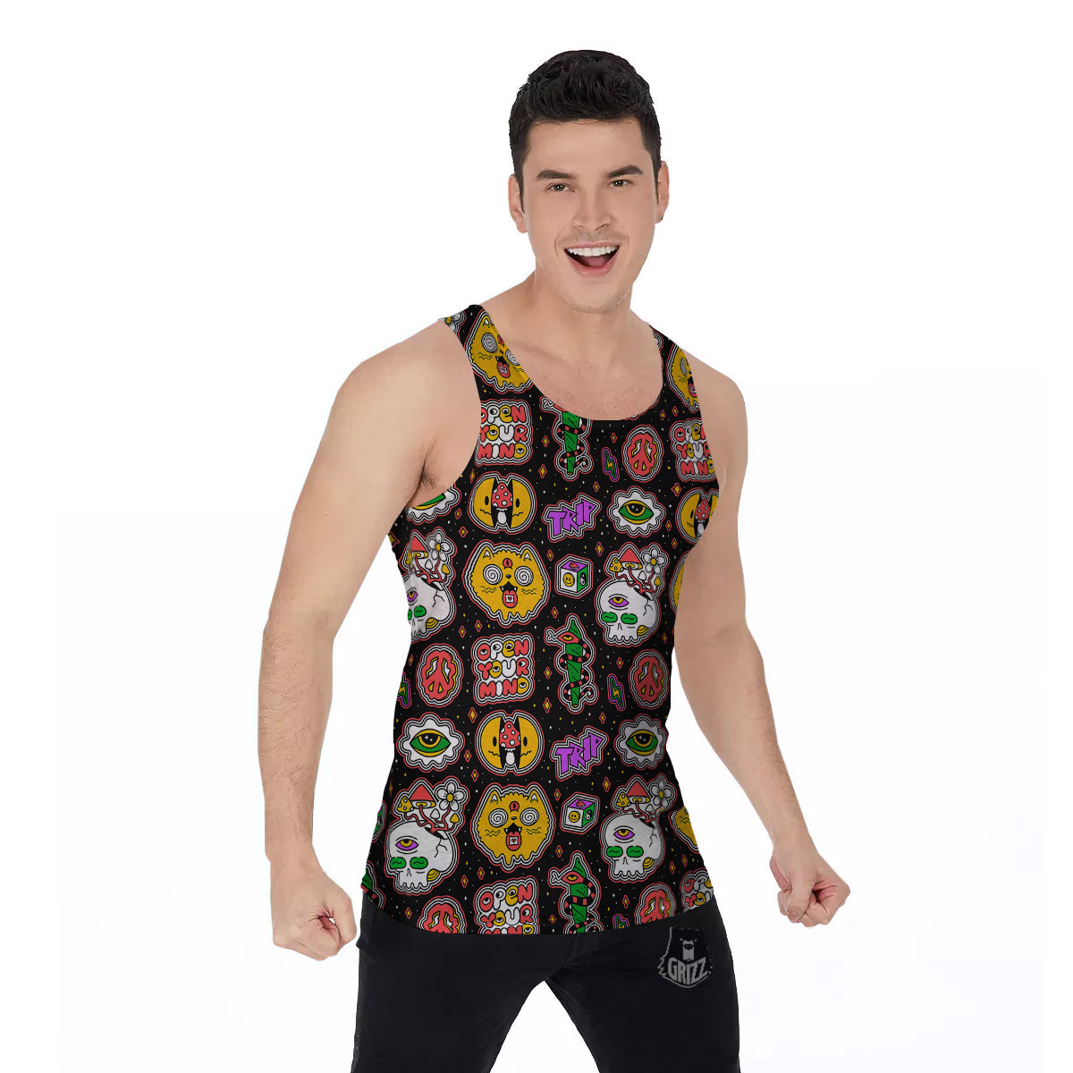 Psychedelic Funny Crazy Colorful Print Pattern Men's Tank Top-grizzshop
