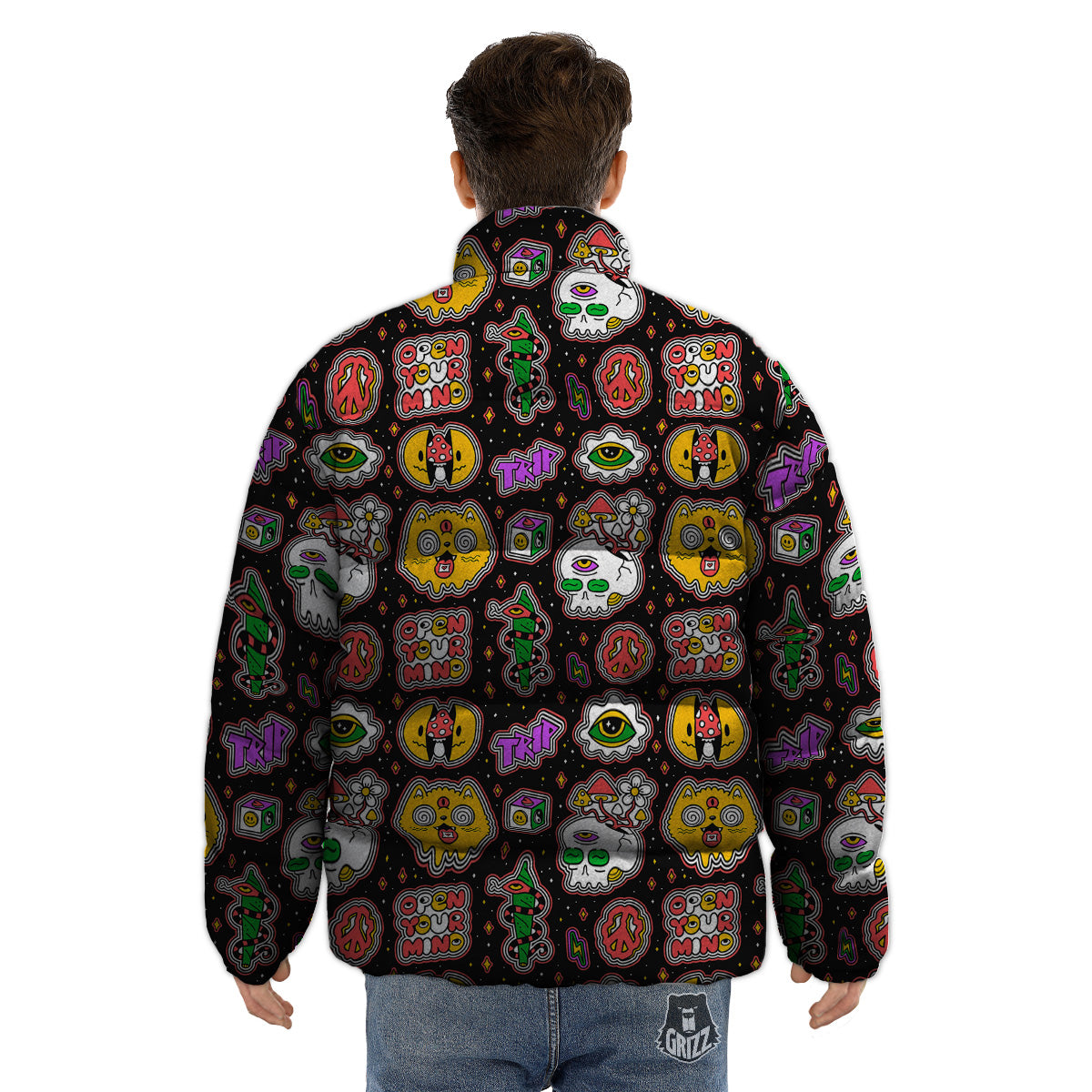 Psychedelic Funny Crazy Colorful Print Pattern Puffer Jacket-grizzshop