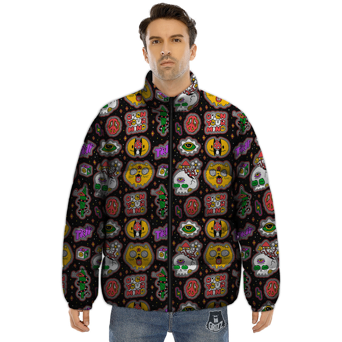 Psychedelic Funny Crazy Colorful Print Pattern Puffer Jacket-grizzshop