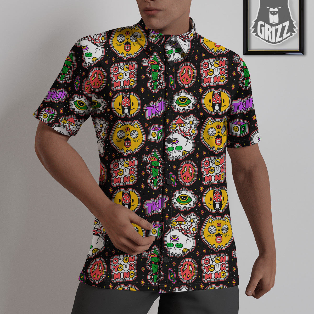 Psychedelic Funny Crazy Colorful Print Pattern Untucked Shirts-grizzshop