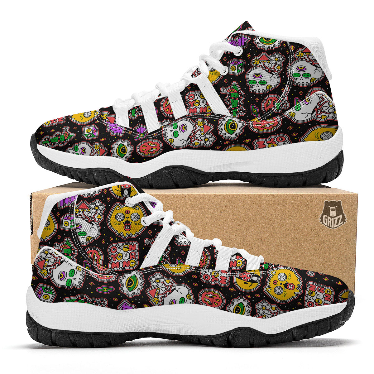 Psychedelic Funny Crazy Colorful Print Pattern White Bball Shoes-grizzshop