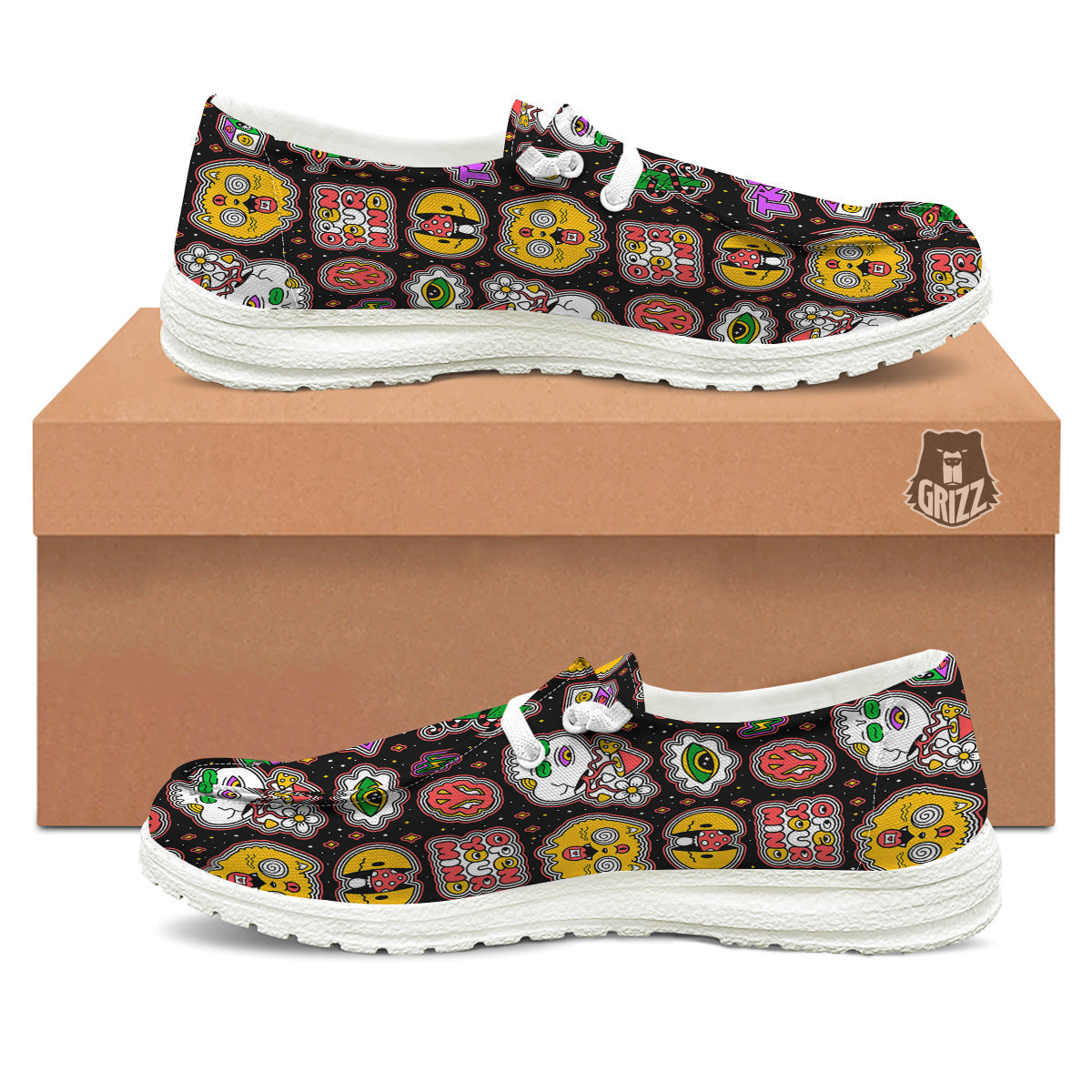 Psychedelic Funny Crazy Colorful Print Pattern White Loafers-grizzshop