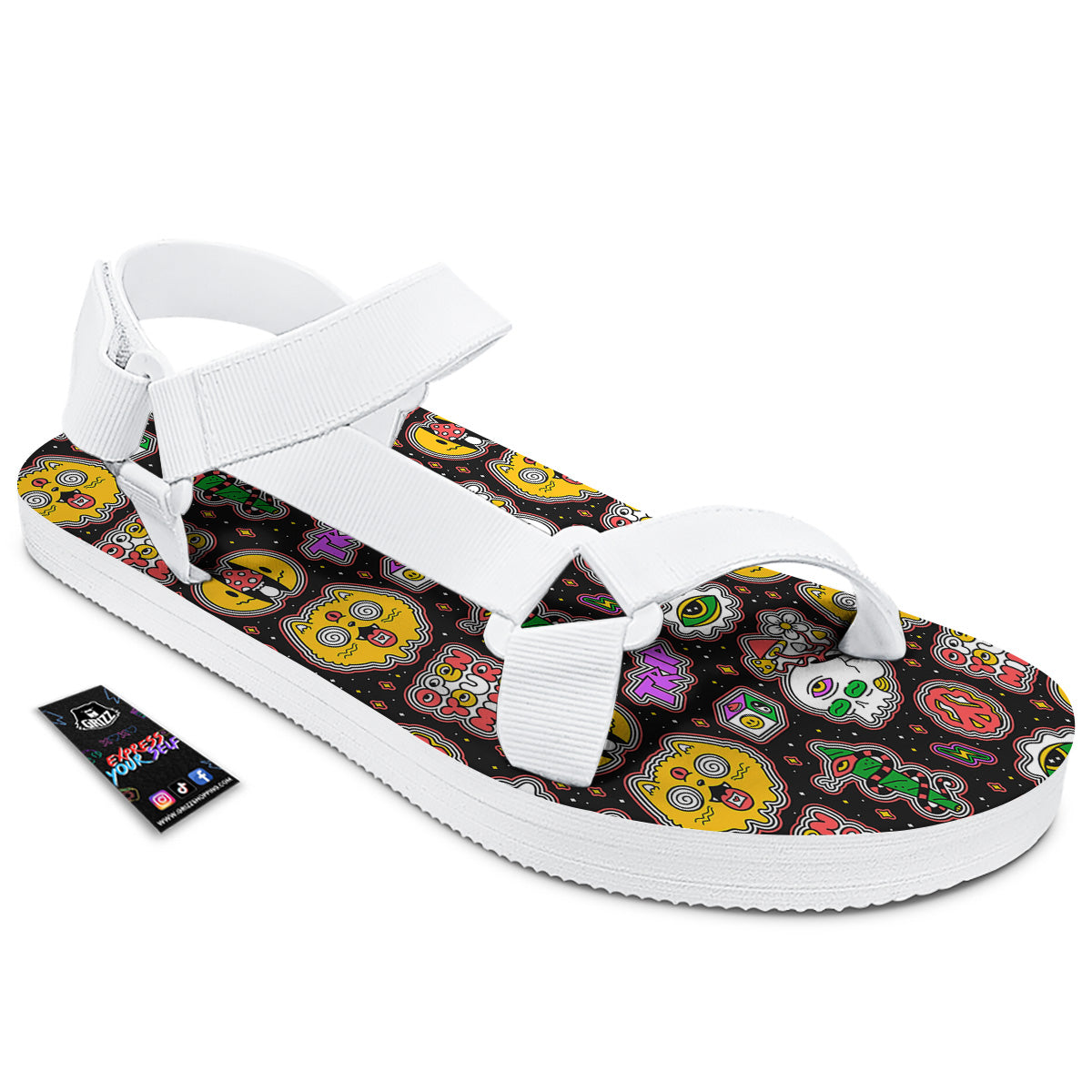Psychedelic Funny Crazy Colorful Print Pattern White Open Toe Sandals-grizzshop