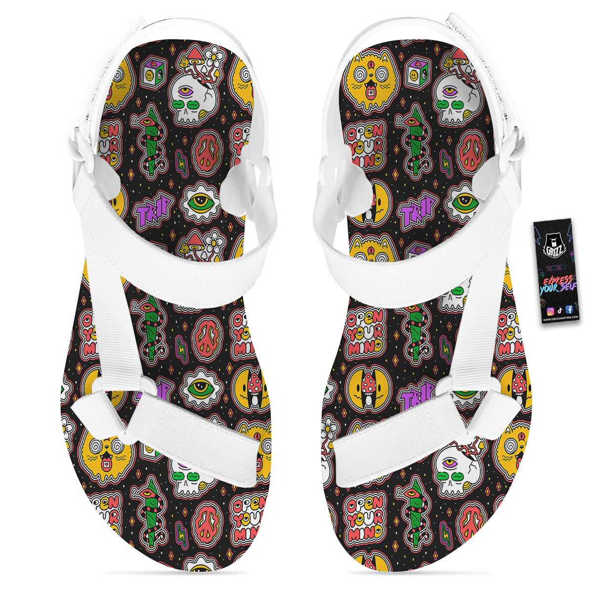 Psychedelic Funny Crazy Colorful Print Pattern White Open Toe Sandals-grizzshop