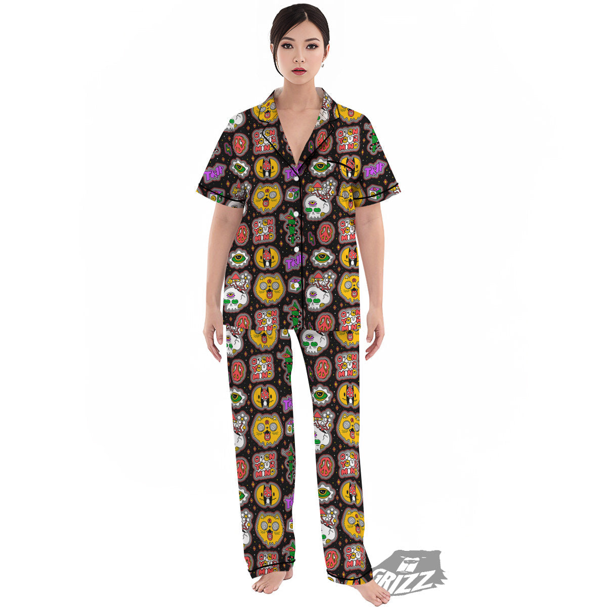 Psychedelic Funny Crazy Colorful Print Pattern Women's Pajamas Set-grizzshop