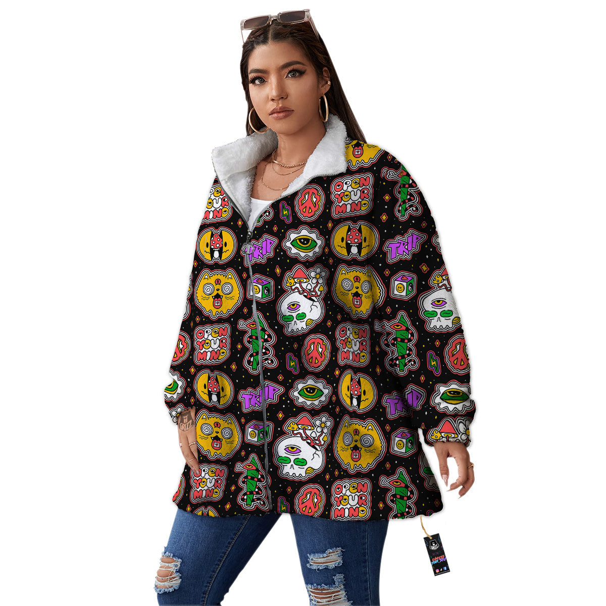 Psychedelic Funny Crazy Colorful Print Pattern Women's Sherpa Jacket-grizzshop