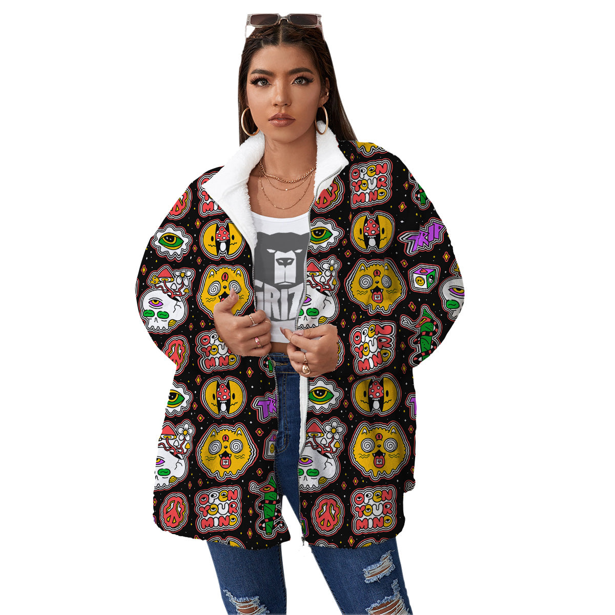Psychedelic Funny Crazy Colorful Print Pattern Women's Sherpa Jacket-grizzshop