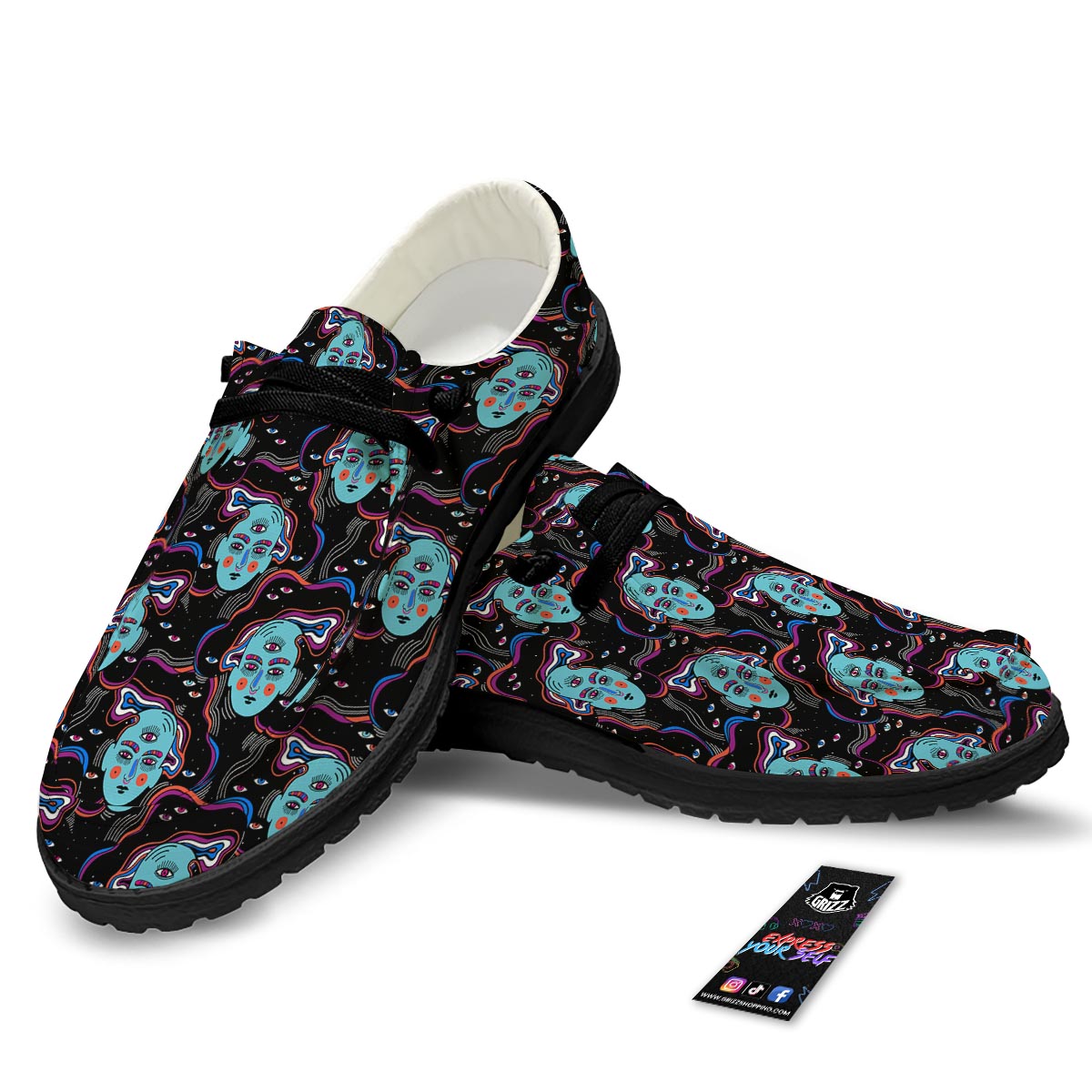 Psychedelic Hippie Retro Print Pattern Black Loafers-grizzshop