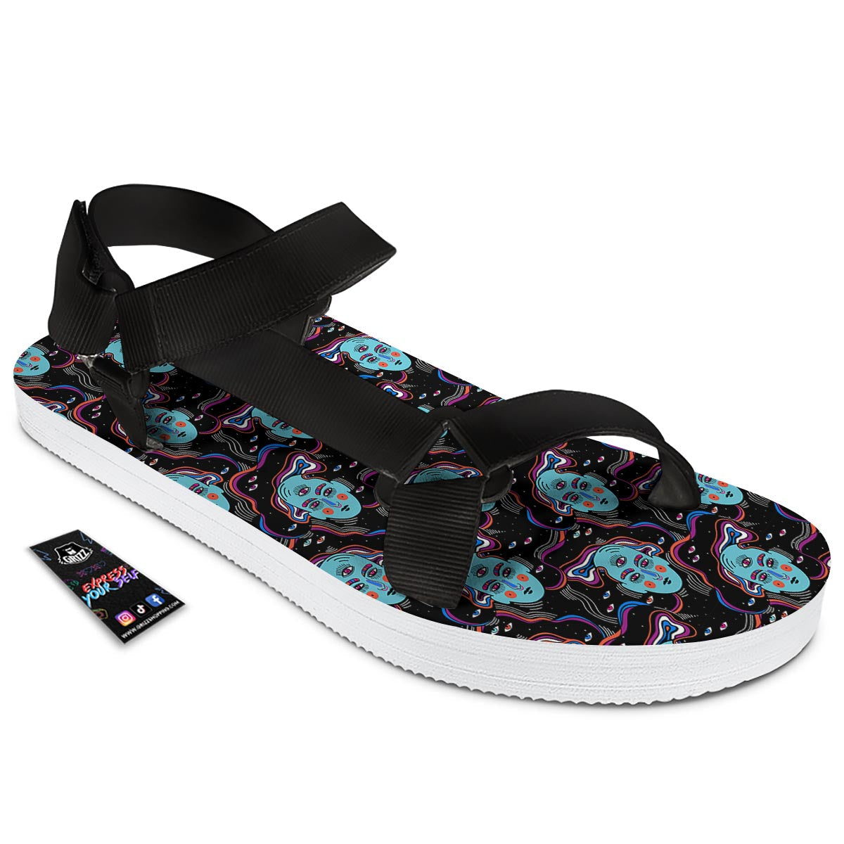 Psychedelic Hippie Retro Print Pattern Black Open Toe Sandals-grizzshop