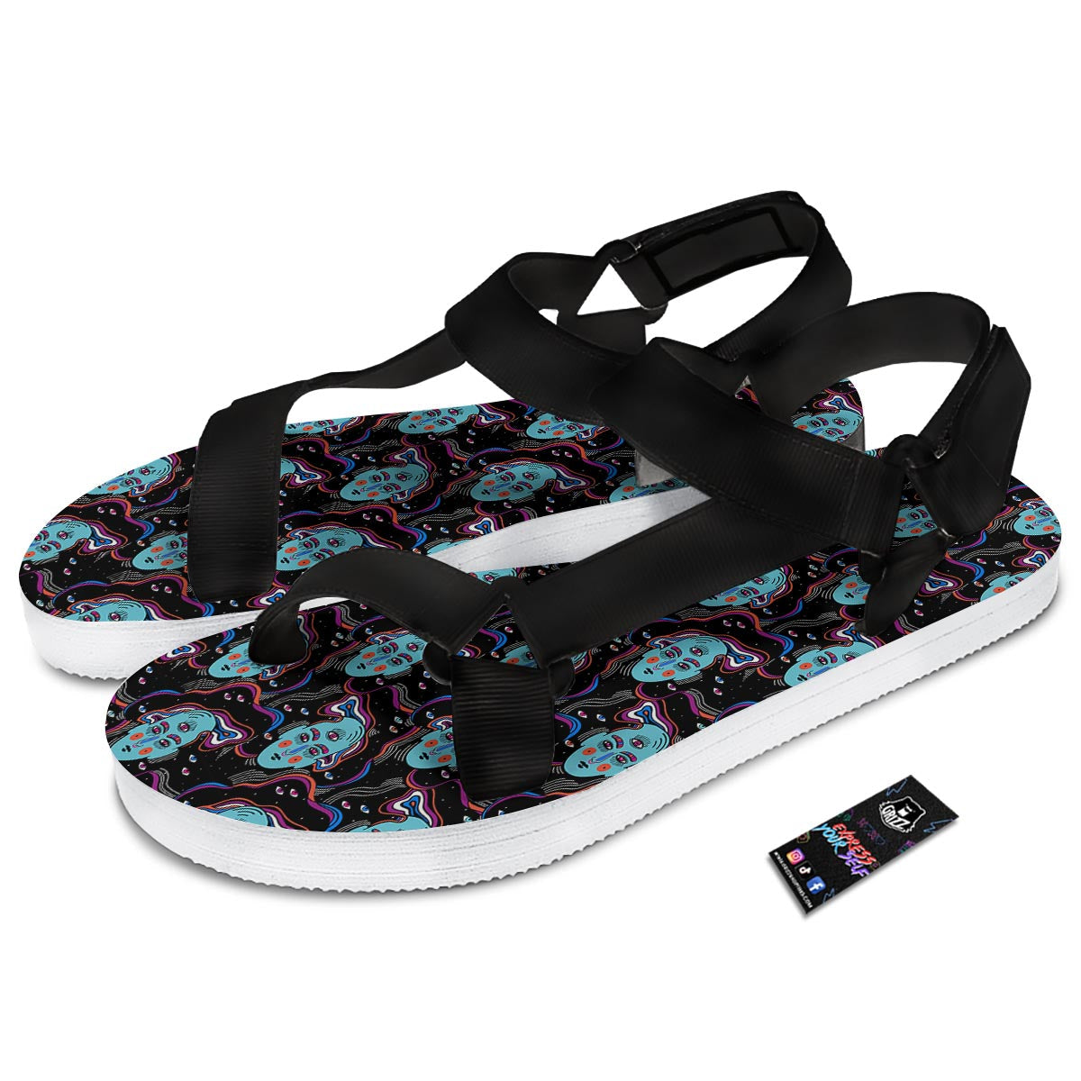 Psychedelic Hippie Retro Print Pattern Black Open Toe Sandals-grizzshop