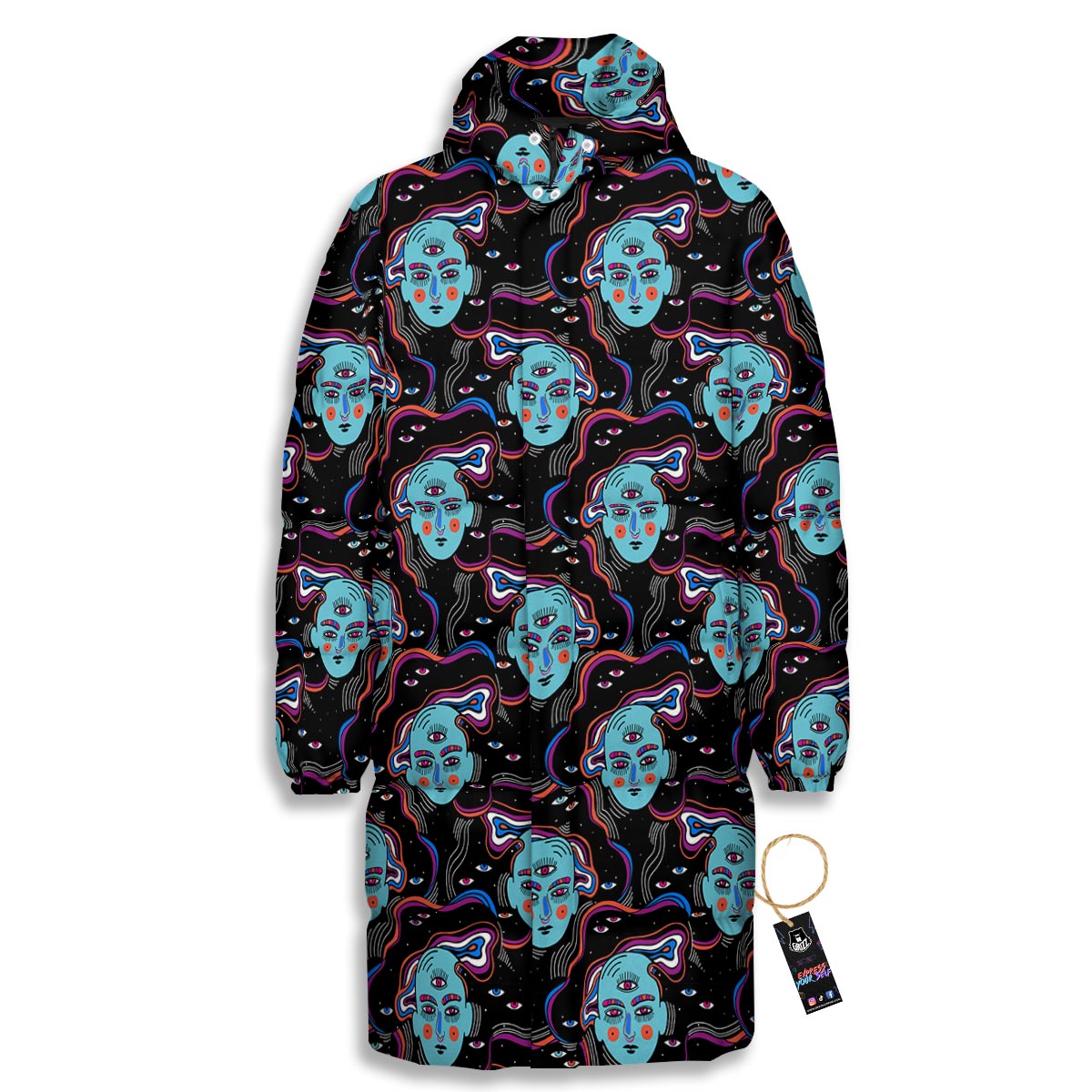 Psychedelic Hippie Retro Print Pattern Long Down Jacket-grizzshop