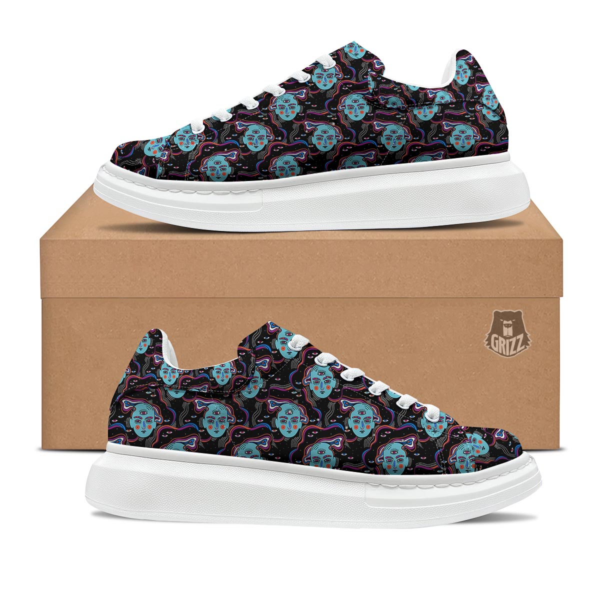Psychedelic Hippie Retro Print Pattern Platform Shoes-grizzshop