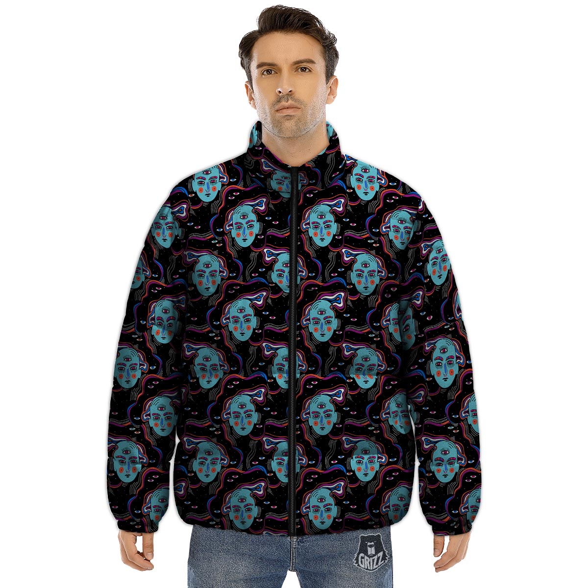 Psychedelic Hippie Retro Print Pattern Puffer Jacket-grizzshop