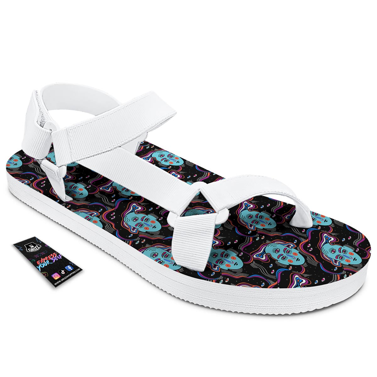 Psychedelic Hippie Retro Print Pattern White Open Toe Sandals-grizzshop