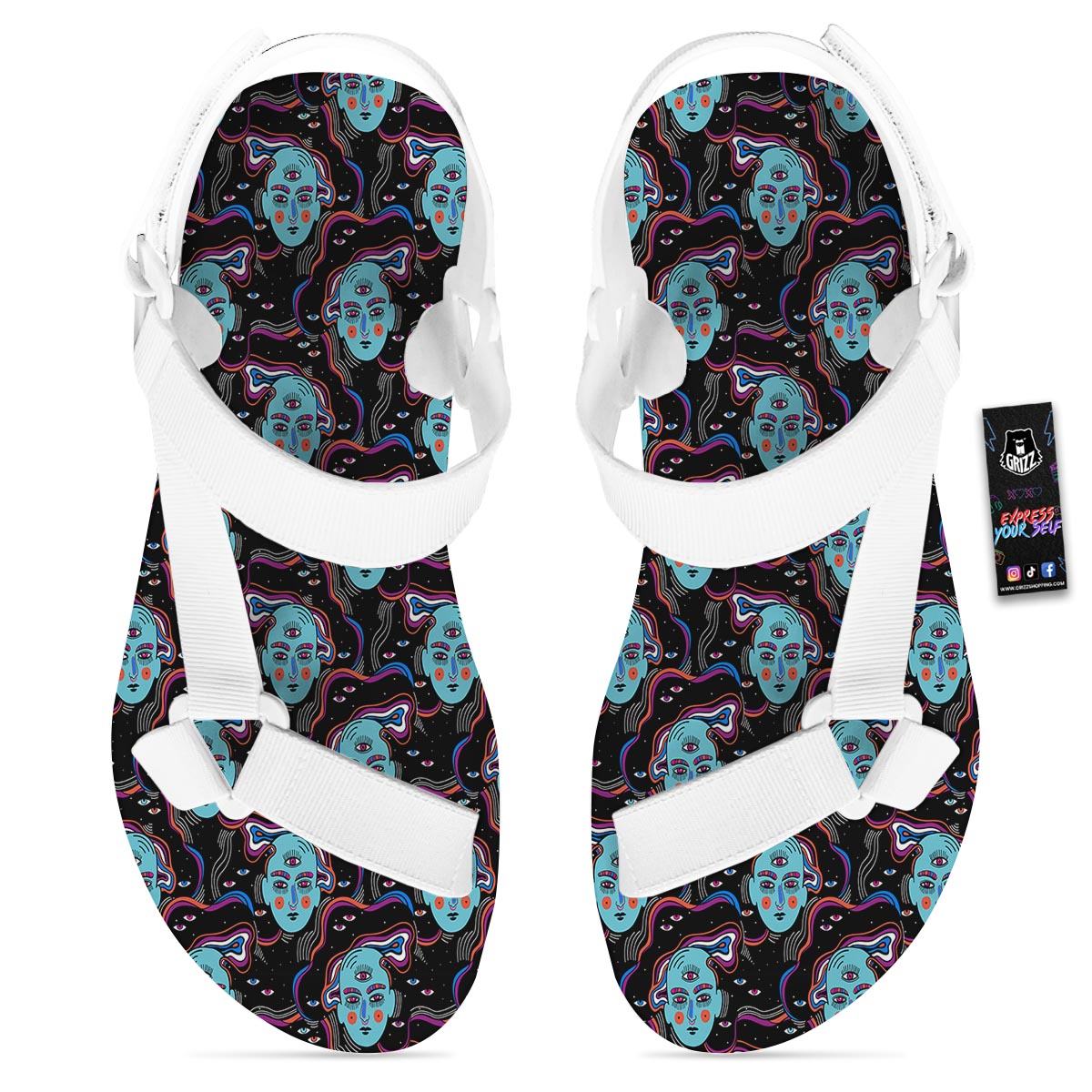 Psychedelic Hippie Retro Print Pattern White Open Toe Sandals-grizzshop
