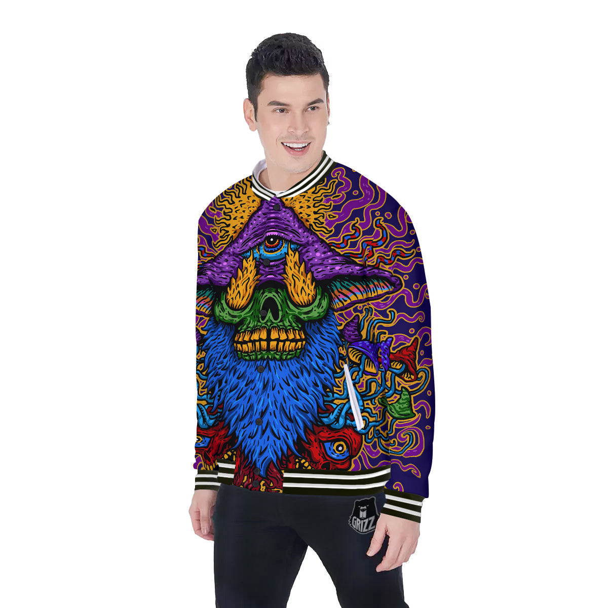 Psychedelic Magic Mushroom Print Baseball Jacket-grizzshop
