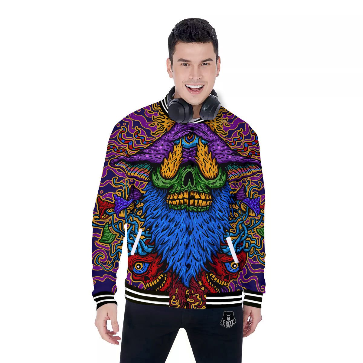 Psychedelic Magic Mushroom Print Baseball Jacket-grizzshop