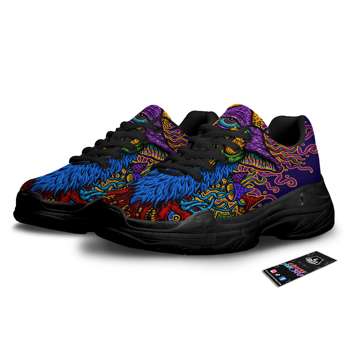 Psychedelic Magic Mushroom Print Black Chunky Shoes-grizzshop
