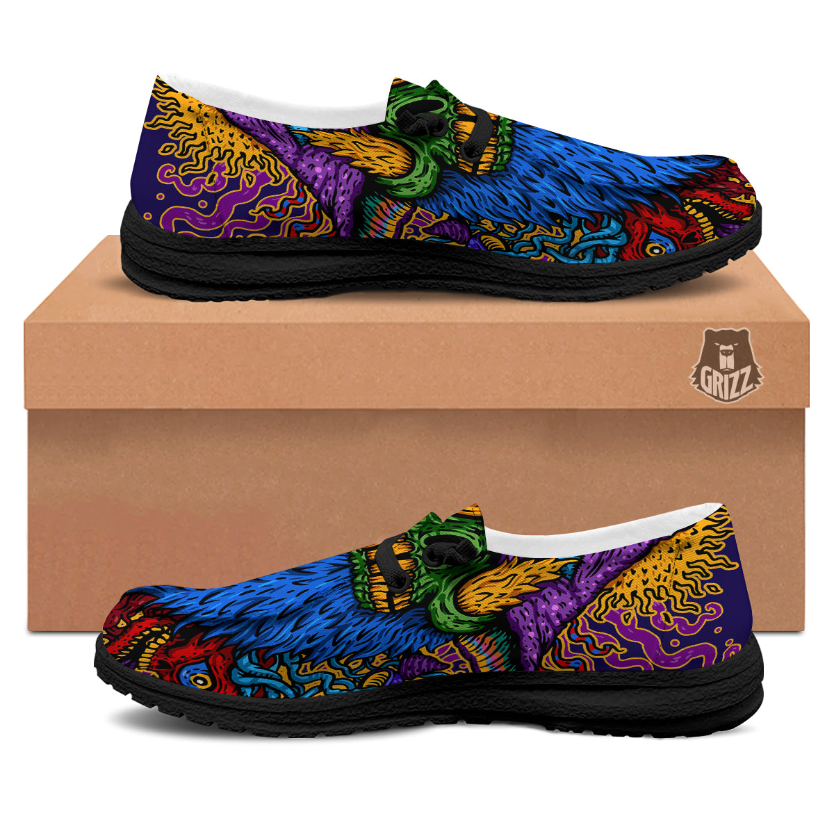Psychedelic Magic Mushroom Print Black Loafers-grizzshop