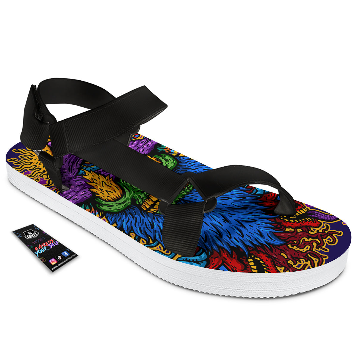 Psychedelic Magic Mushroom Print Black Open Toe Sandals-grizzshop