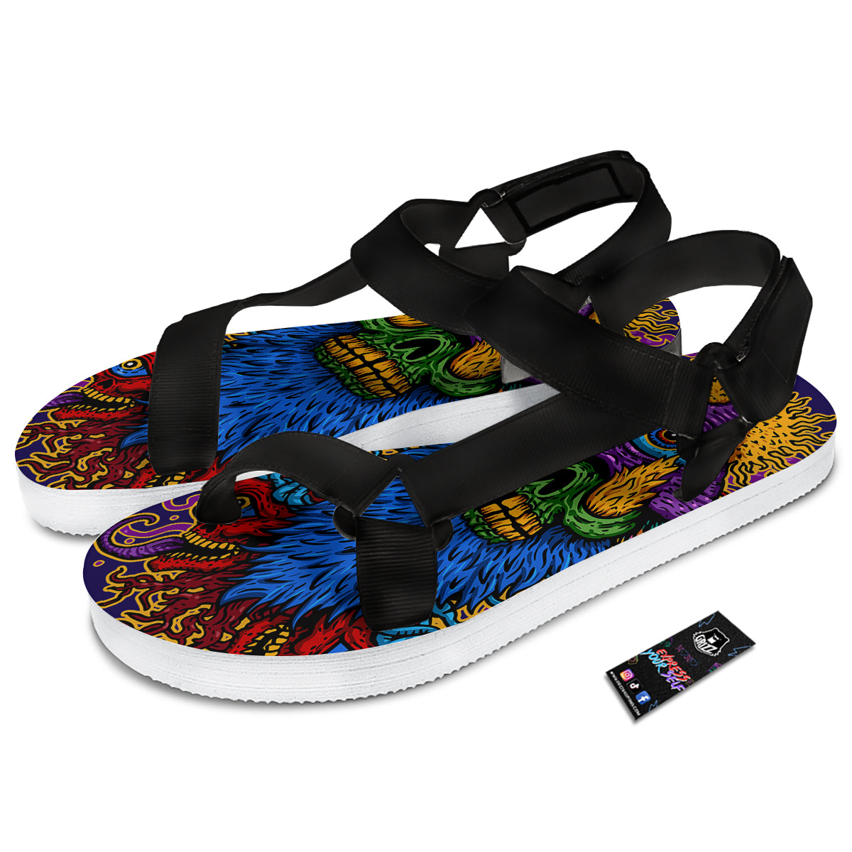 Psychedelic Magic Mushroom Print Black Open Toe Sandals-grizzshop