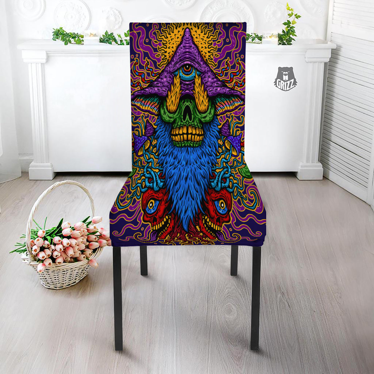 Psychedelic Magic Mushroom Print Dining Chair Slipcover-grizzshop