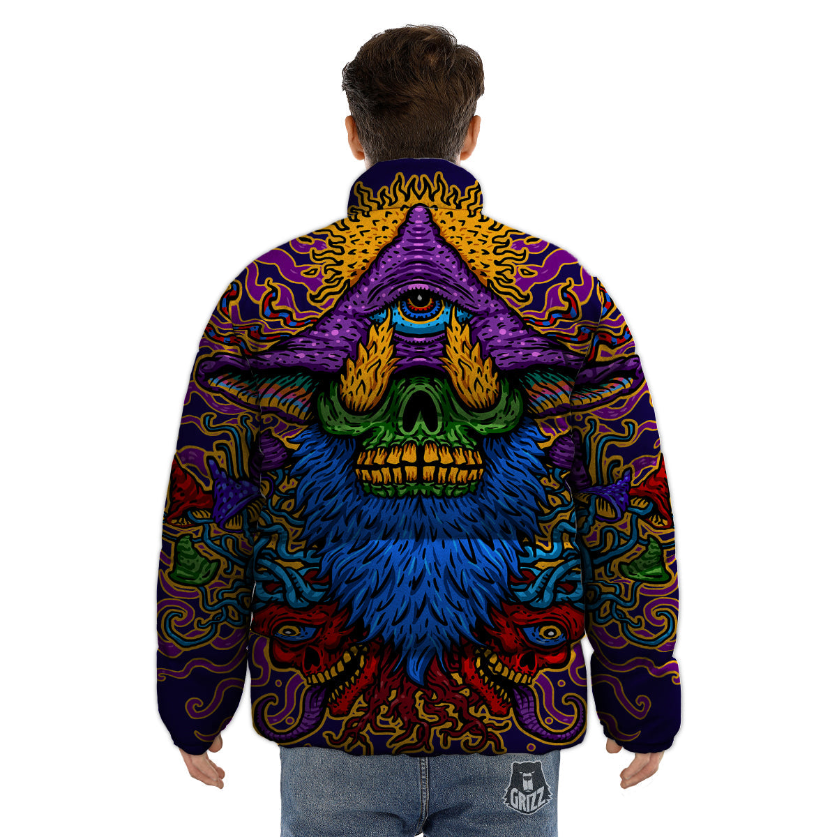 Psychedelic Magic Mushroom Print Puffer Jacket-grizzshop