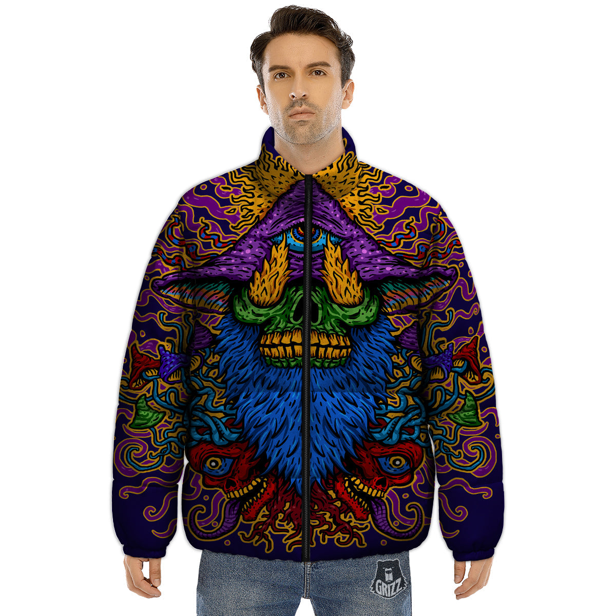 Psychedelic Magic Mushroom Print Puffer Jacket-grizzshop