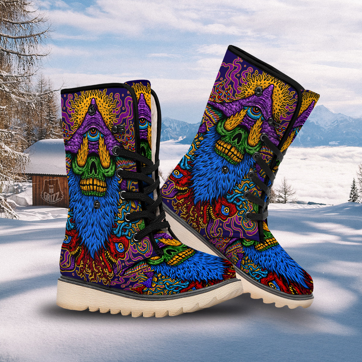 Psychedelic Magic Mushroom Print Snow Boots-grizzshop