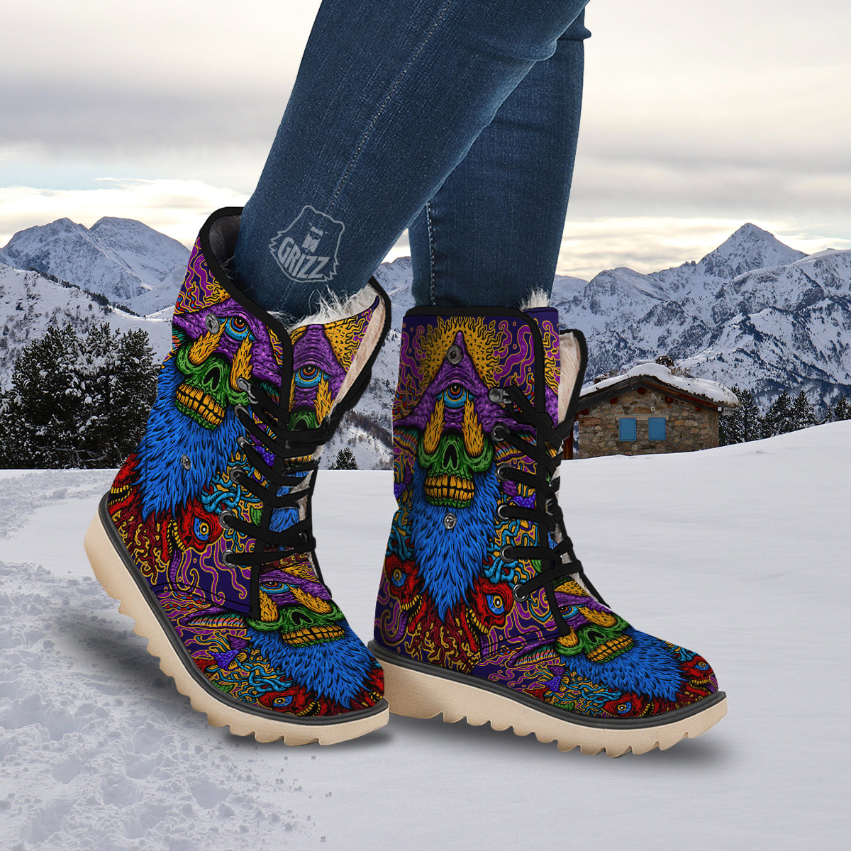 Psychedelic Magic Mushroom Print Snow Boots-grizzshop