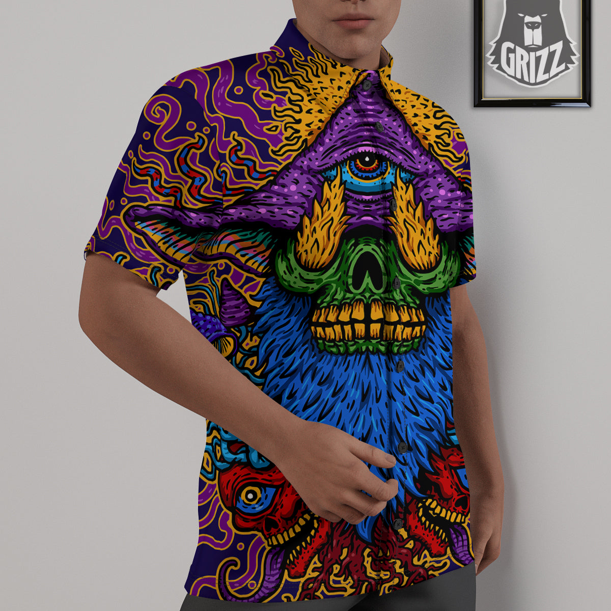 Psychedelic Magic Mushroom Print Untucked Shirts-grizzshop