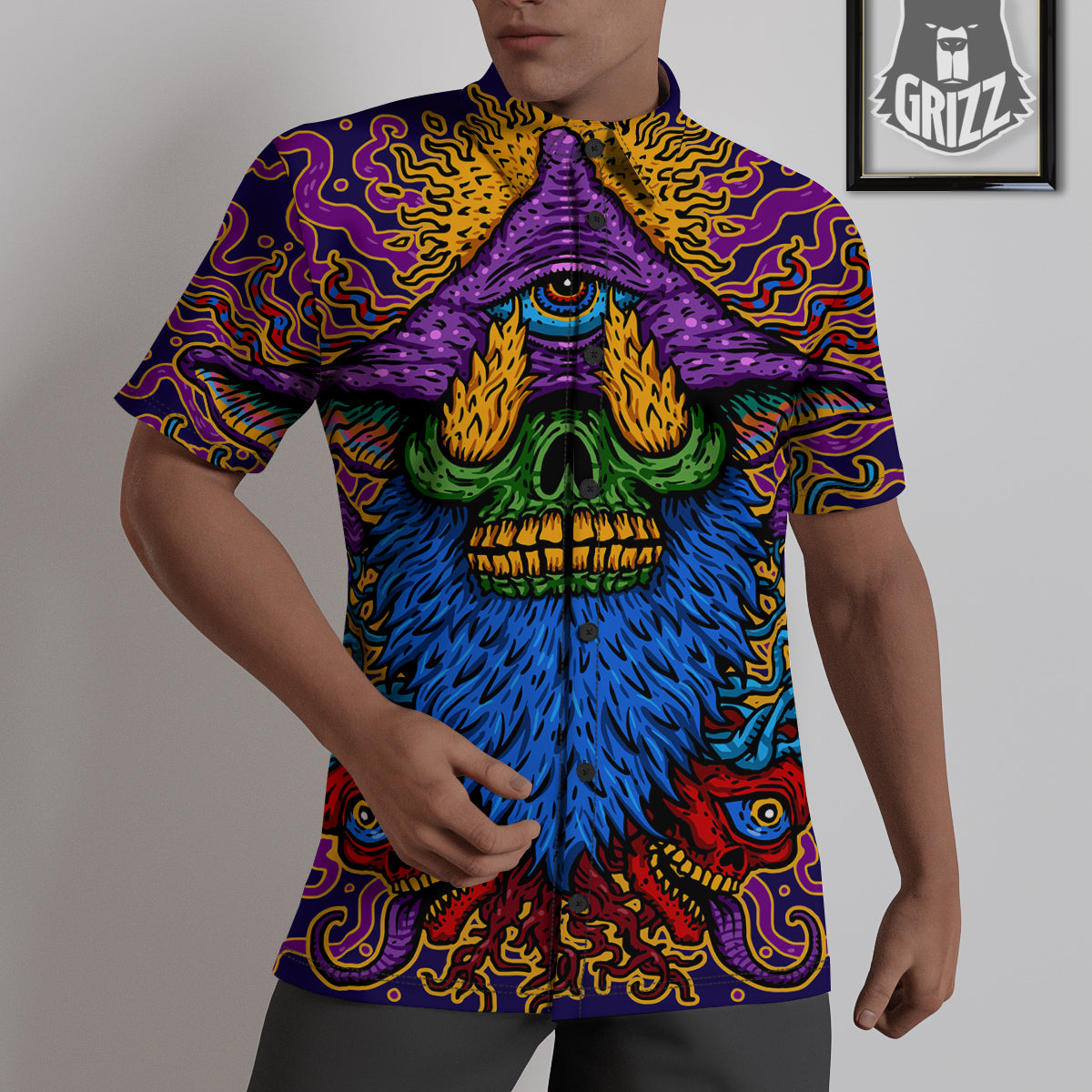 Psychedelic Magic Mushroom Print Untucked Shirts-grizzshop