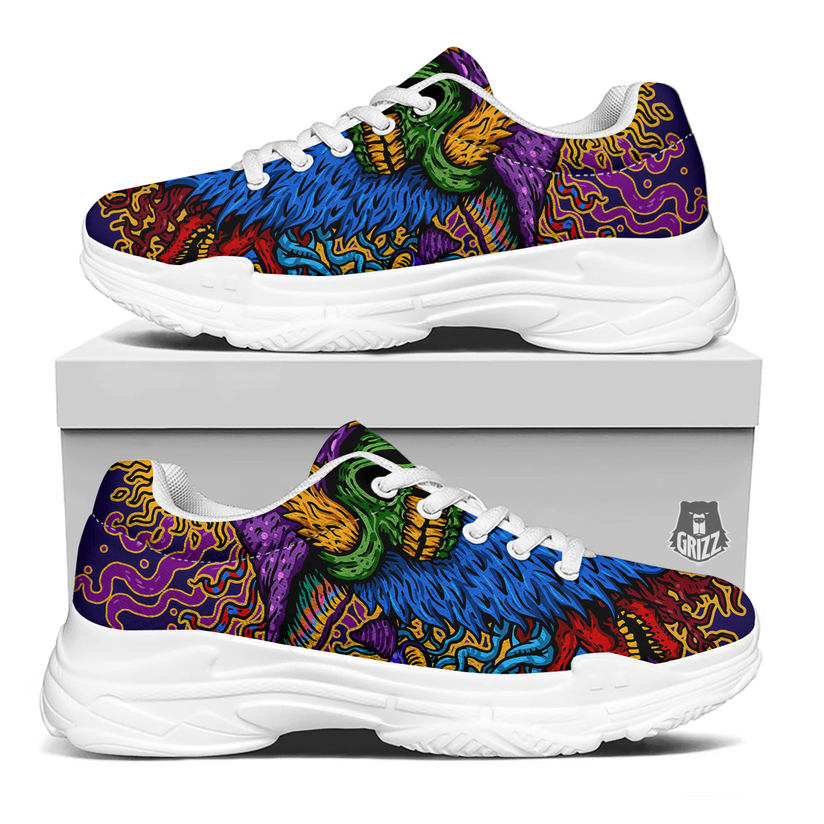 Psychedelic Magic Mushroom Print White Chunky Shoes-grizzshop