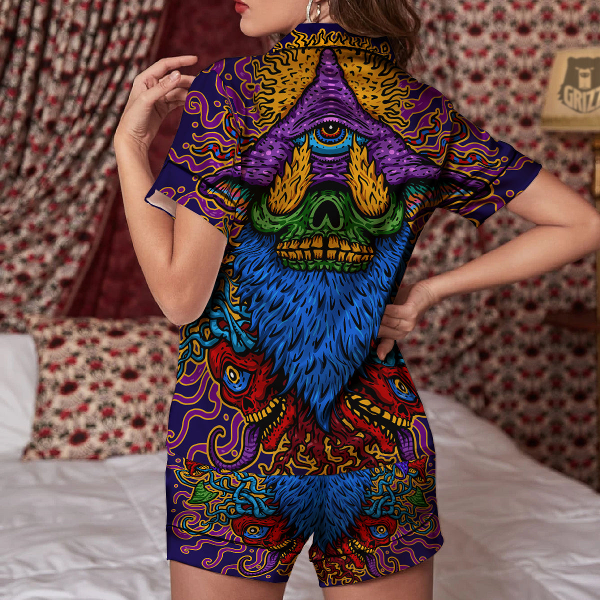 Psychedelic Magic Mushroom Print Women Silk Pajamas-grizzshop