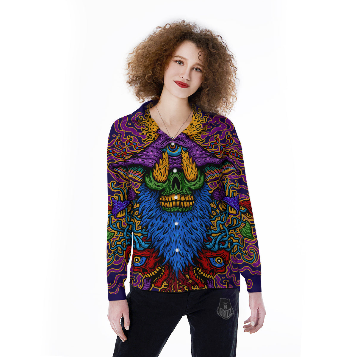 Psychedelic Magic Mushroom Print Women's Long Sleeve Shirts-grizzshop