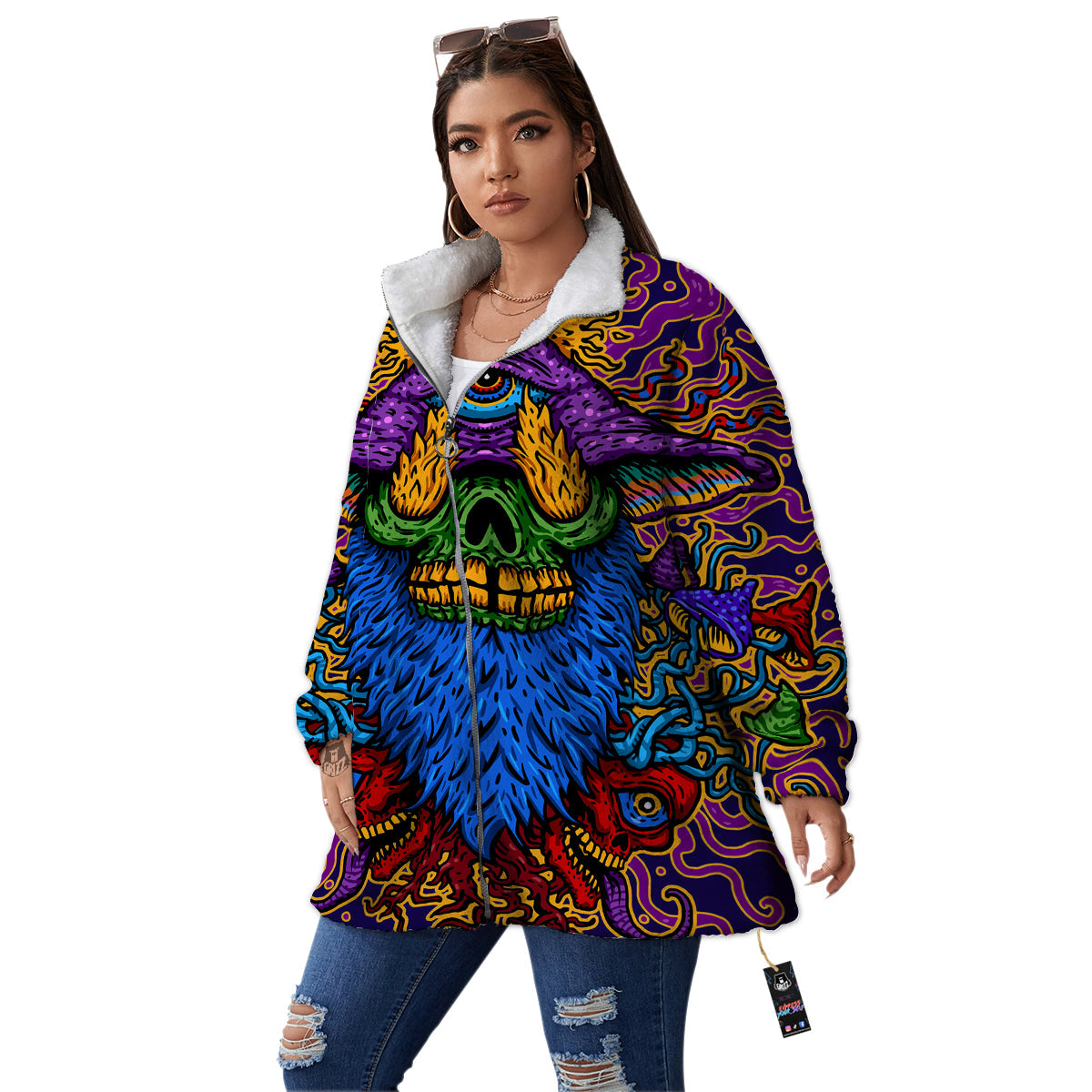 Psychedelic Magic Mushroom Print Women's Sherpa Jacket-grizzshop