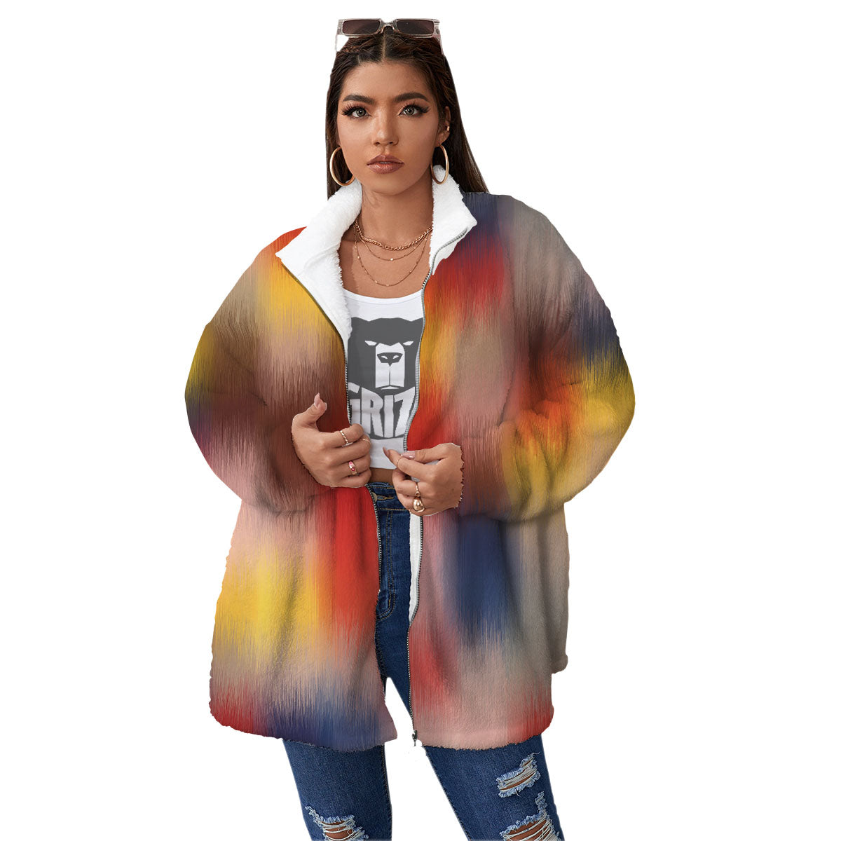 Psychedelic Multicolor Print Women's Sherpa Jacket-grizzshop
