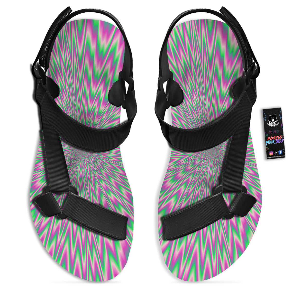 Psychedelic Optical Illusion Twinkle Black Open Toe Sandals-grizzshop