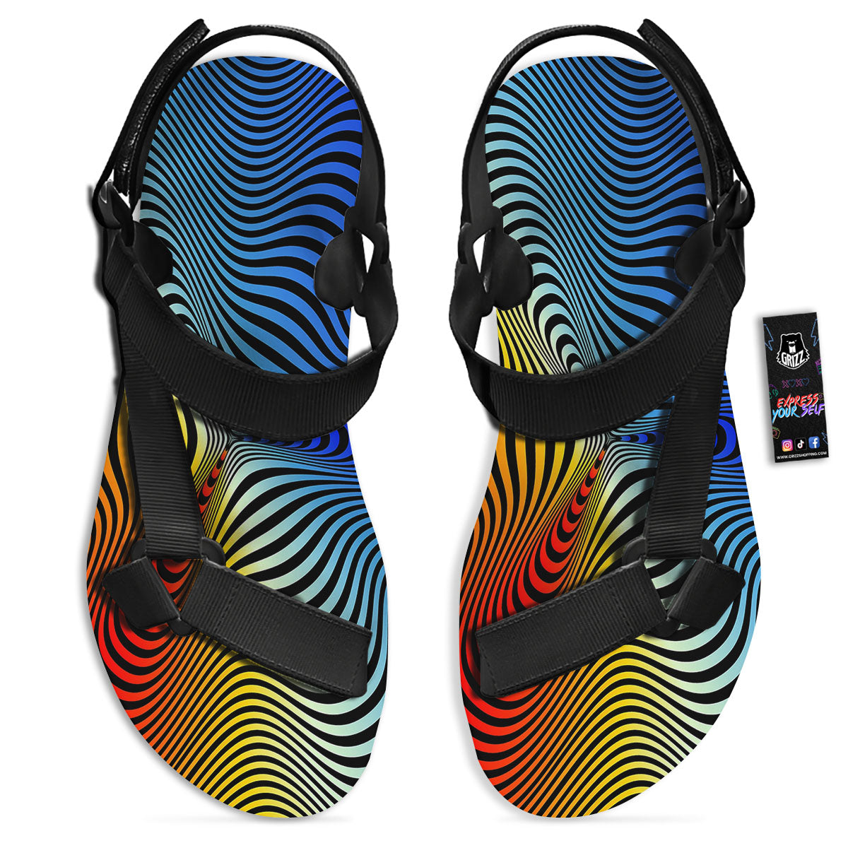 Psychedelic Optical Vibrant Illusion Black Open Toe Sandals-grizzshop