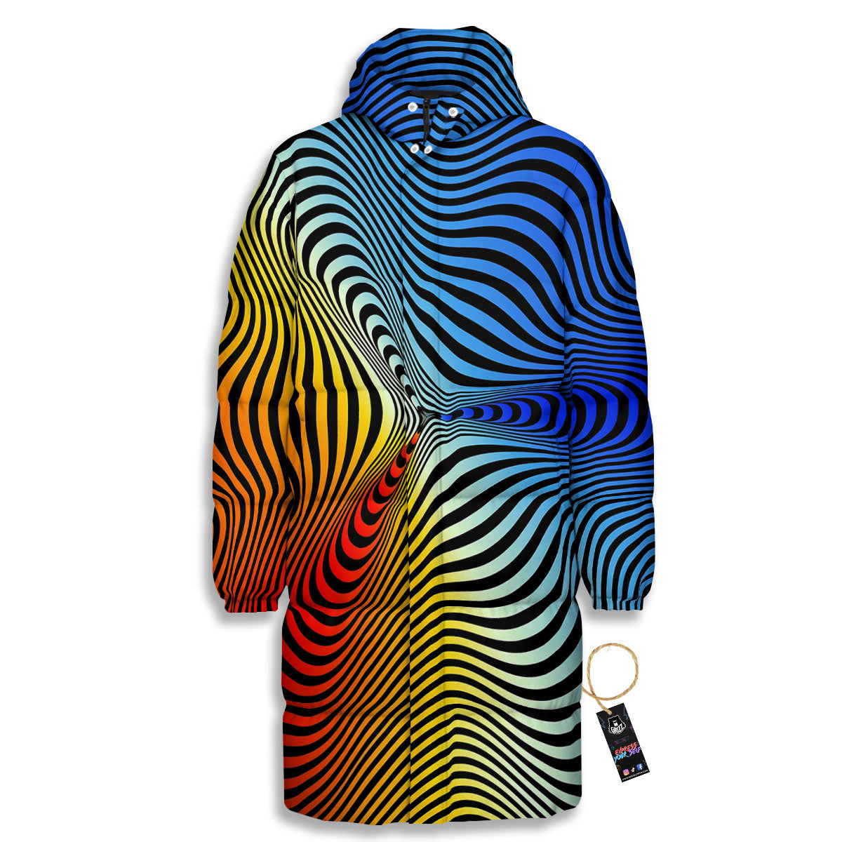 Psychedelic Optical Vibrant Illusion Long Down Jacket-grizzshop