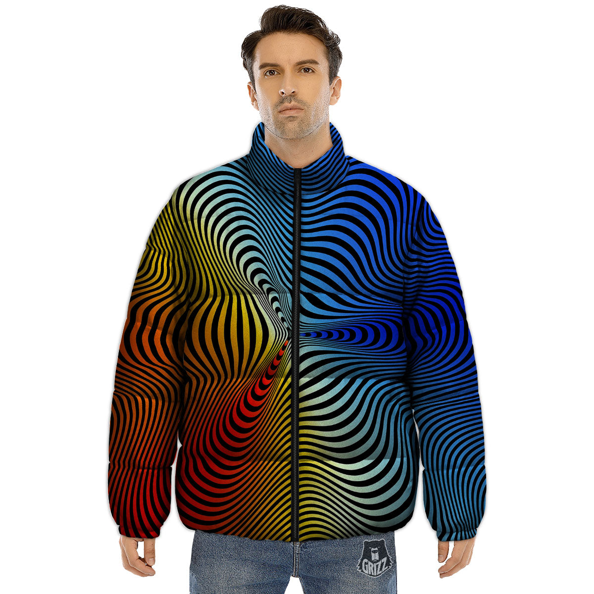 Psychedelic Optical Vibrant Illusion Puffer Jacket-grizzshop