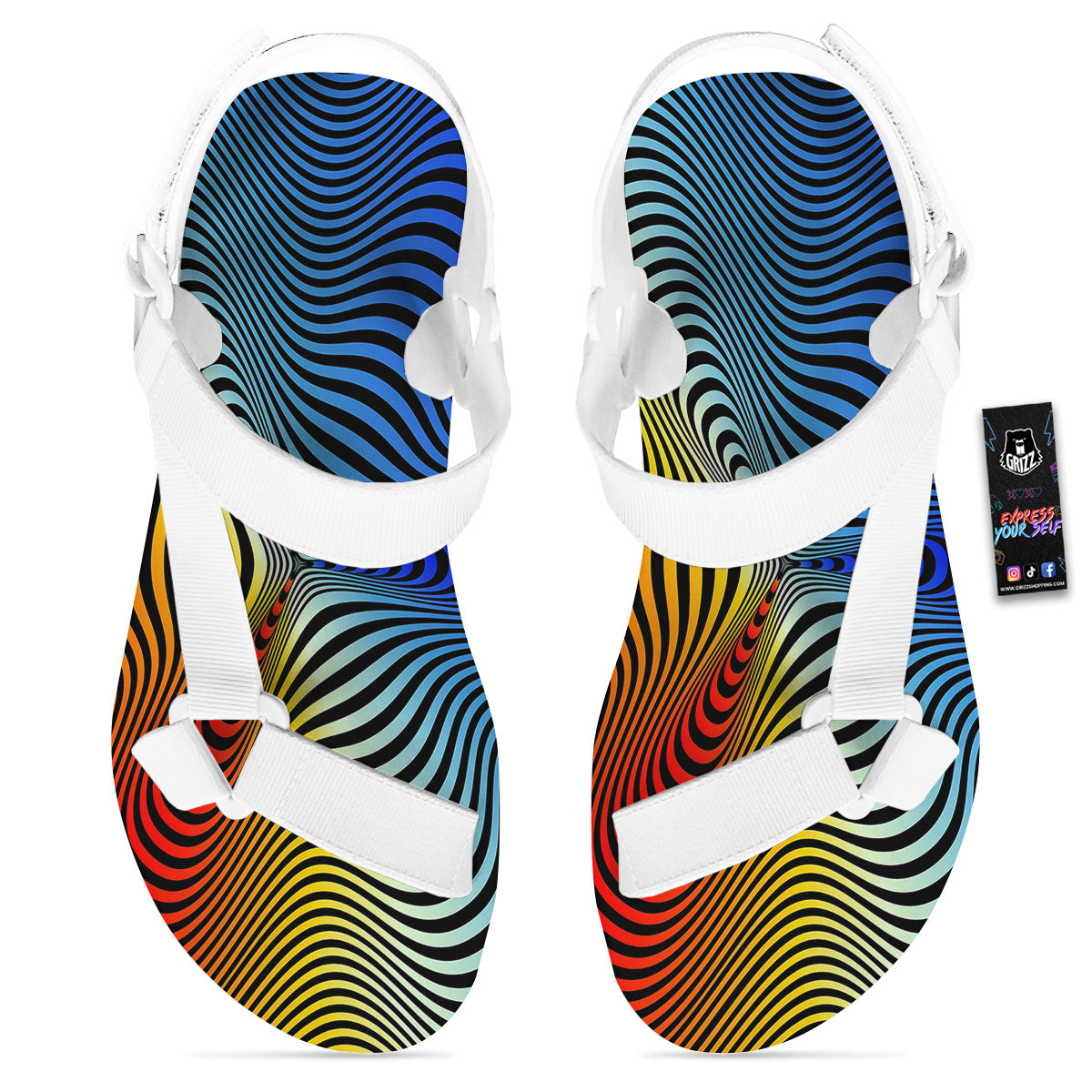 Psychedelic Optical Vibrant Illusion White Open Toe Sandals-grizzshop