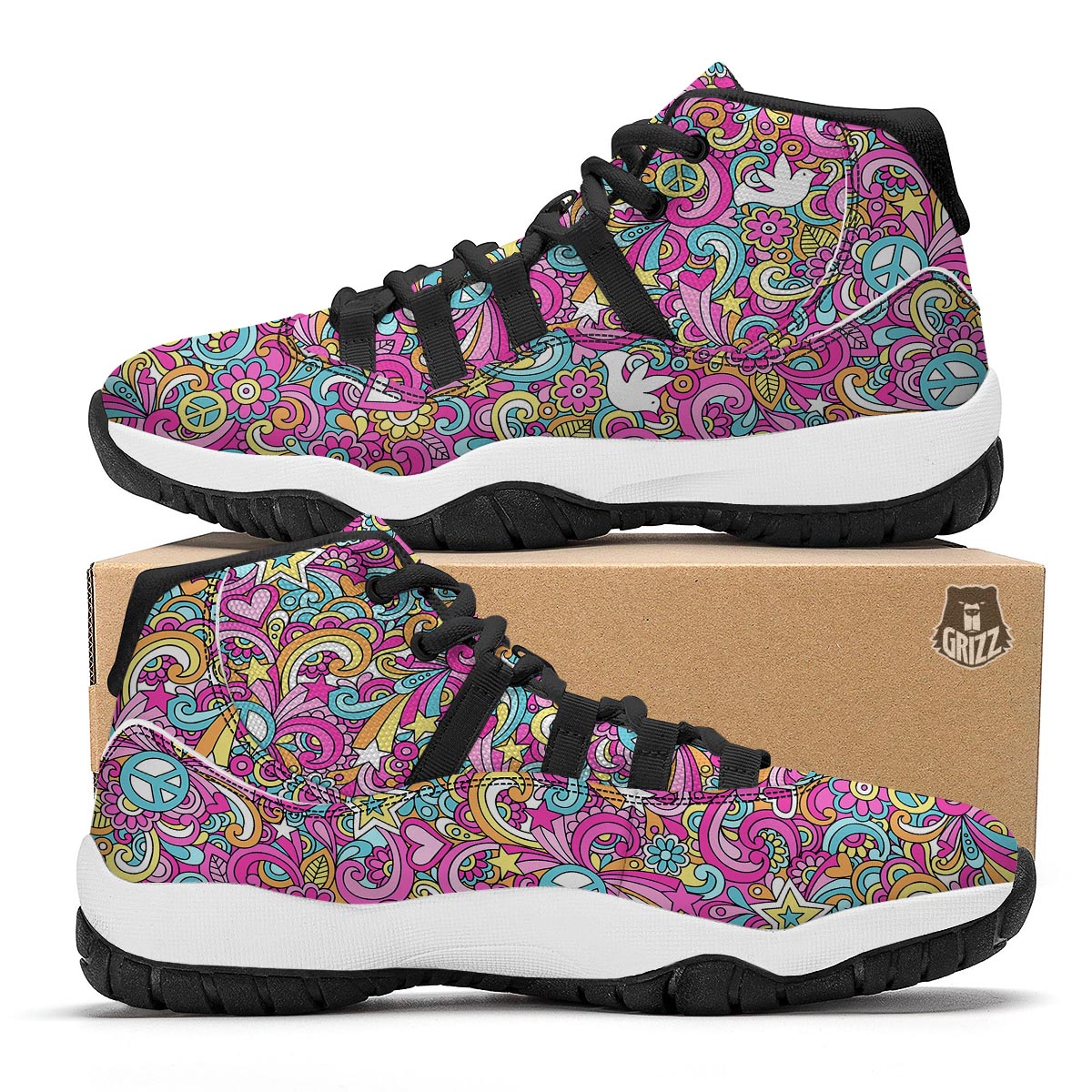Psychedelic Pattern Print Black Bball Shoes-grizzshop