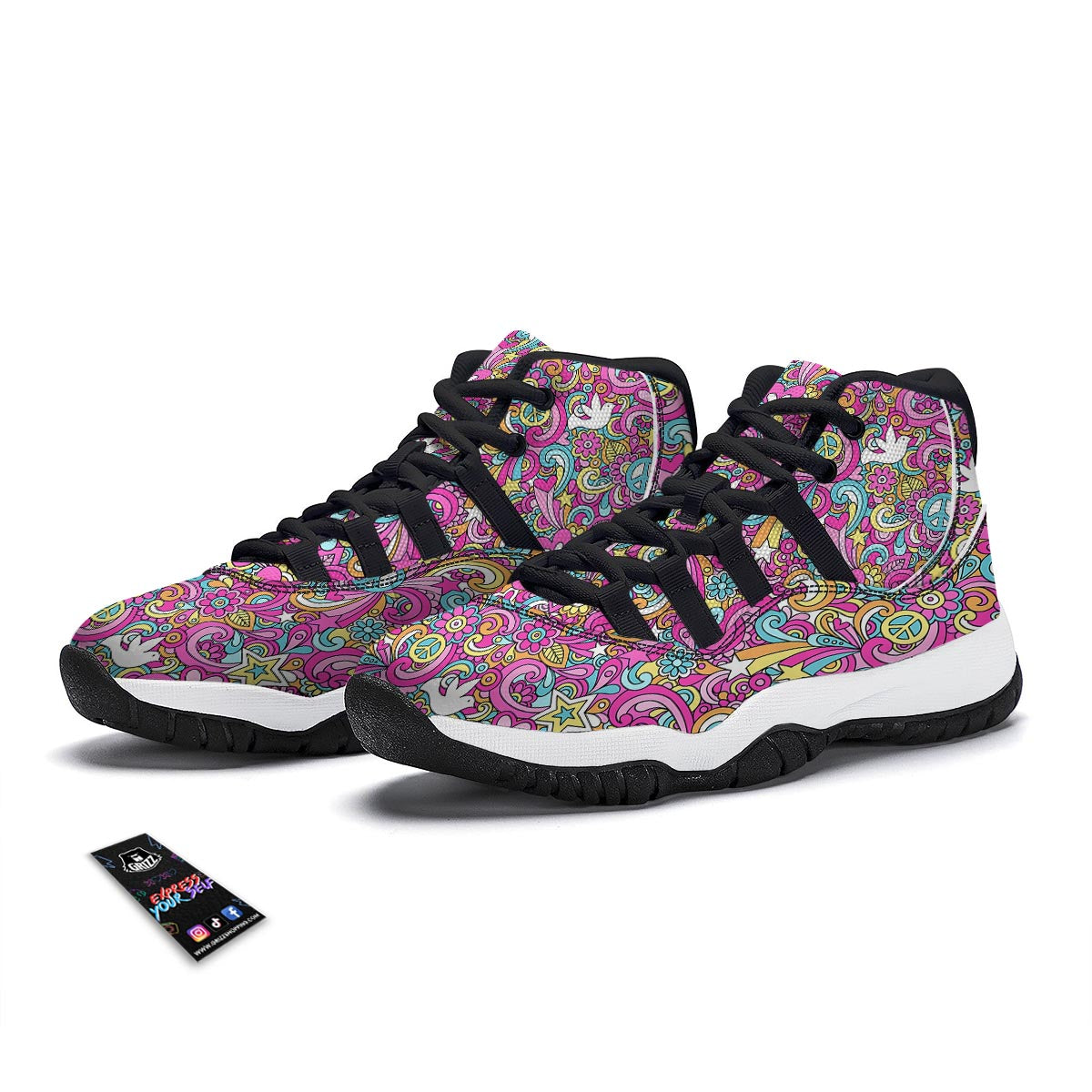 Psychedelic Pattern Print Black Bball Shoes-grizzshop